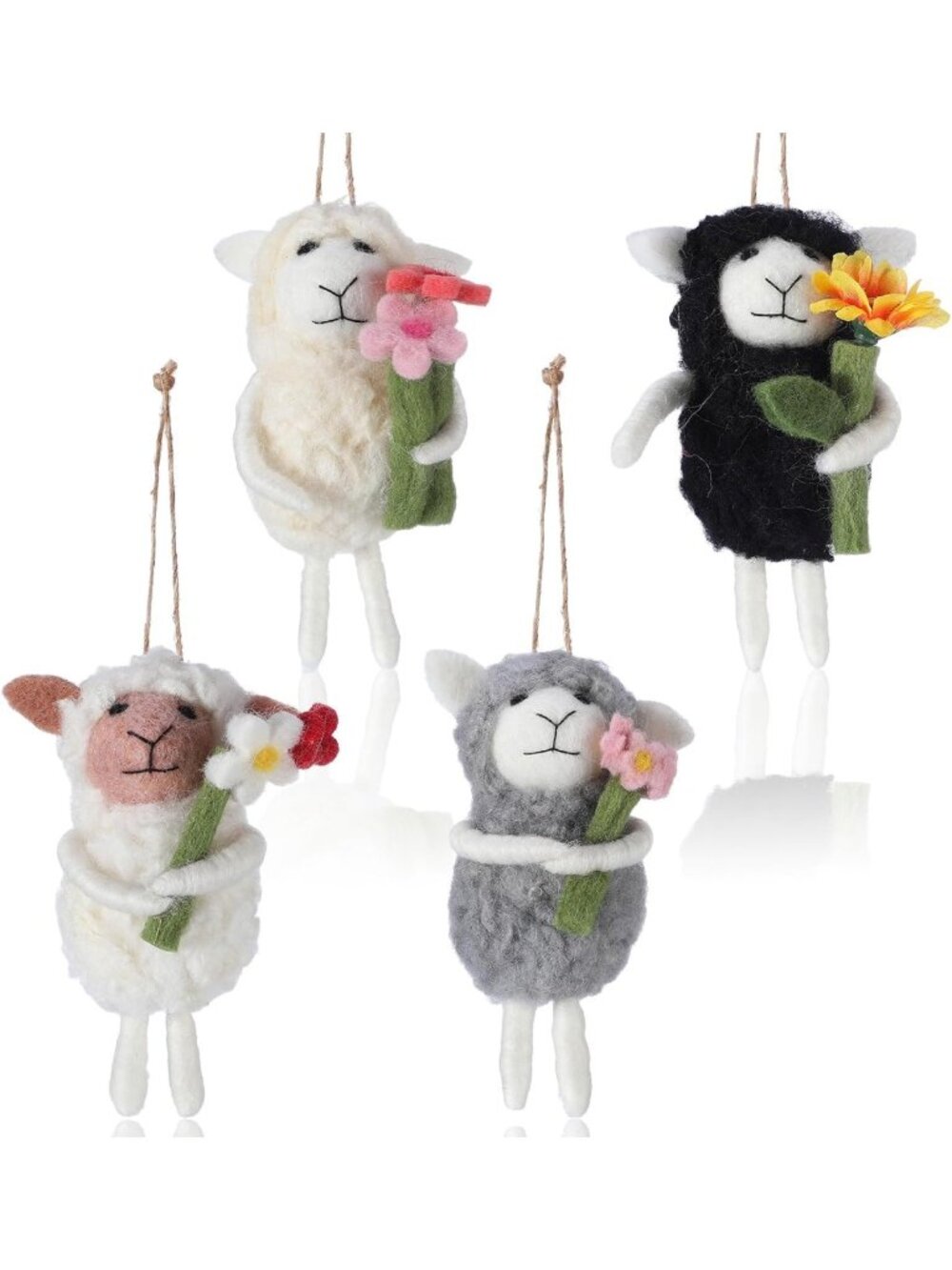 Mini Felt Sheep Ornaments - Set of 4 Cute Lamb Figurines with Flowers for Home